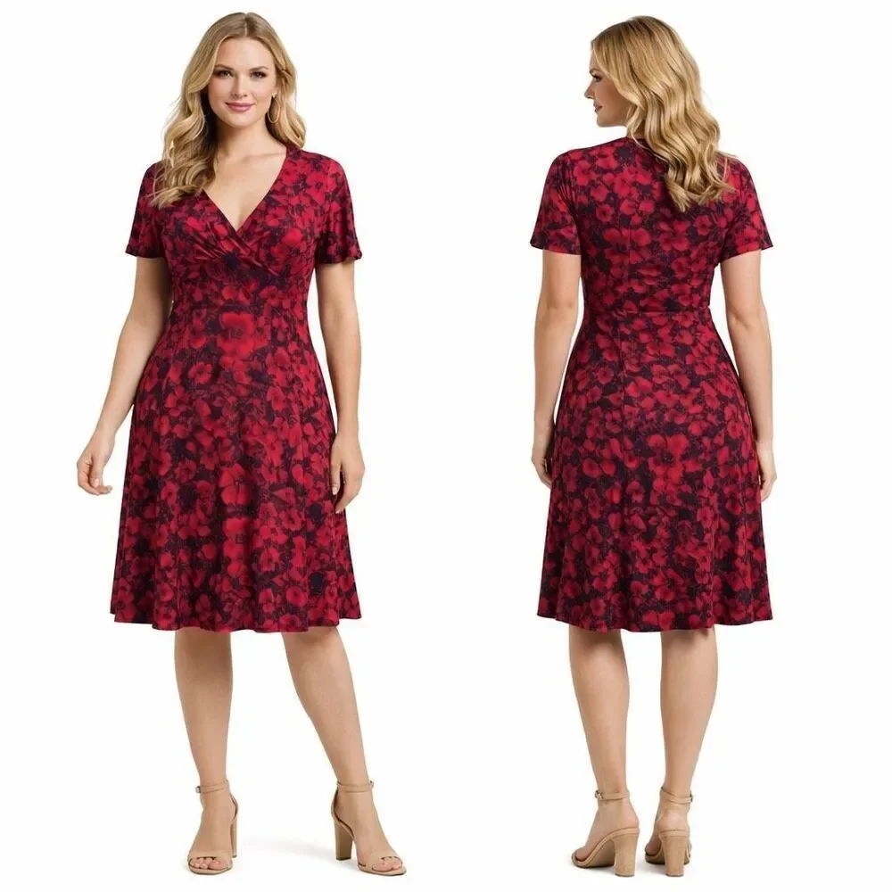 CHAPS Red Black Floral V-Neck Dress Small | Date Night Office Fall Chic Movie